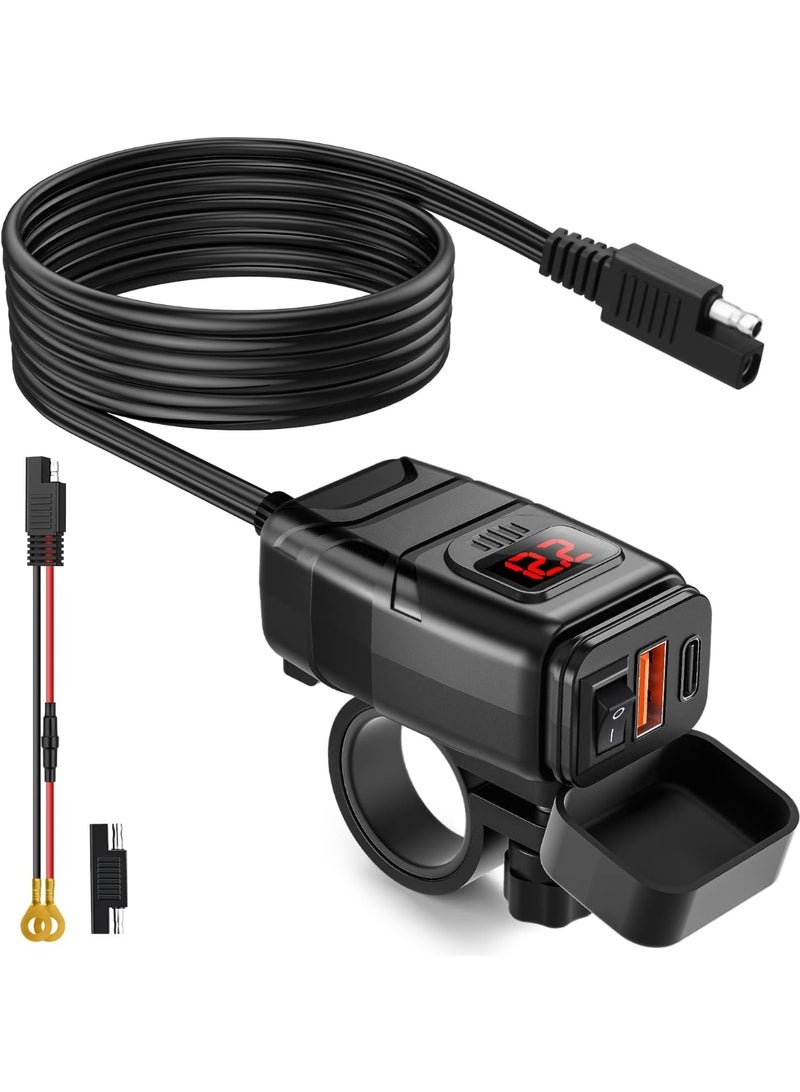 Motorcycle Phone Charger, 6.4A Dual USB Type C PD & Quick Charge 3.0 Motorcycle USB Charger with Voltmeter & ON/Off Switch, Waterproof Motorcycle Accessories for Phone, Tablet, GPS, etc - Image 1